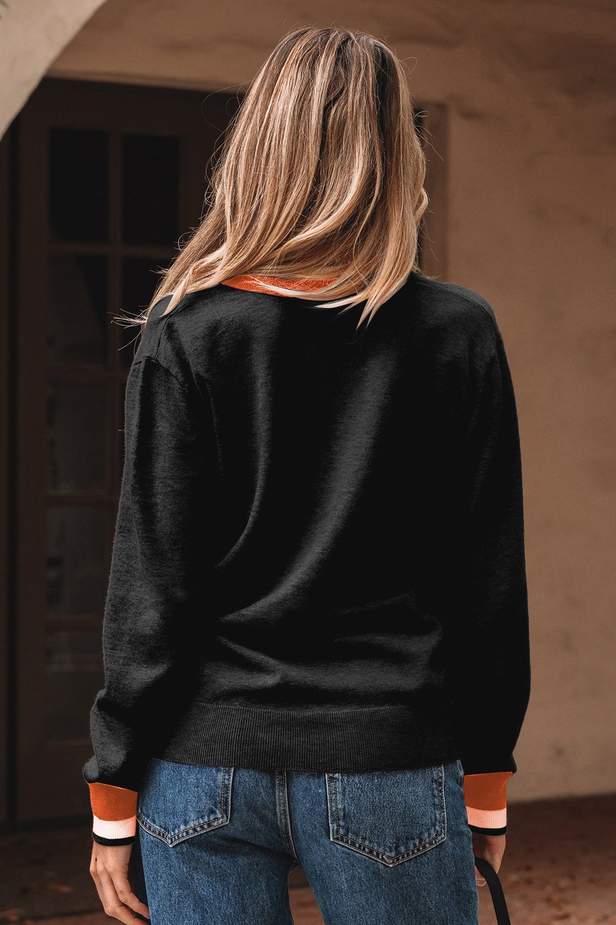 Varsity Stripe Contrast Trim V-Neck Sweater