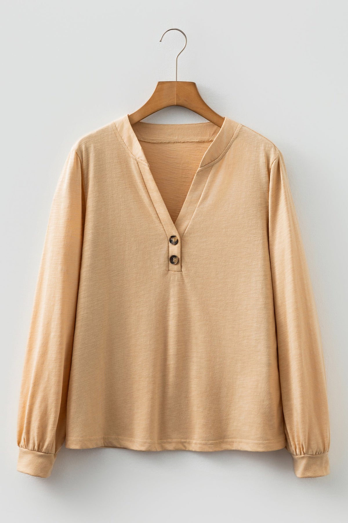 Solid V-Neck Button Long Sleeve Top