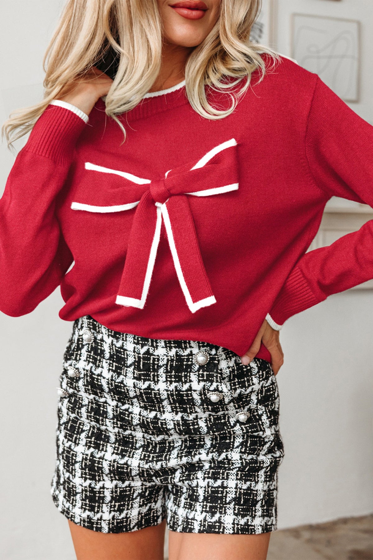Bow Tie Contrast Trim Cropped Sweater