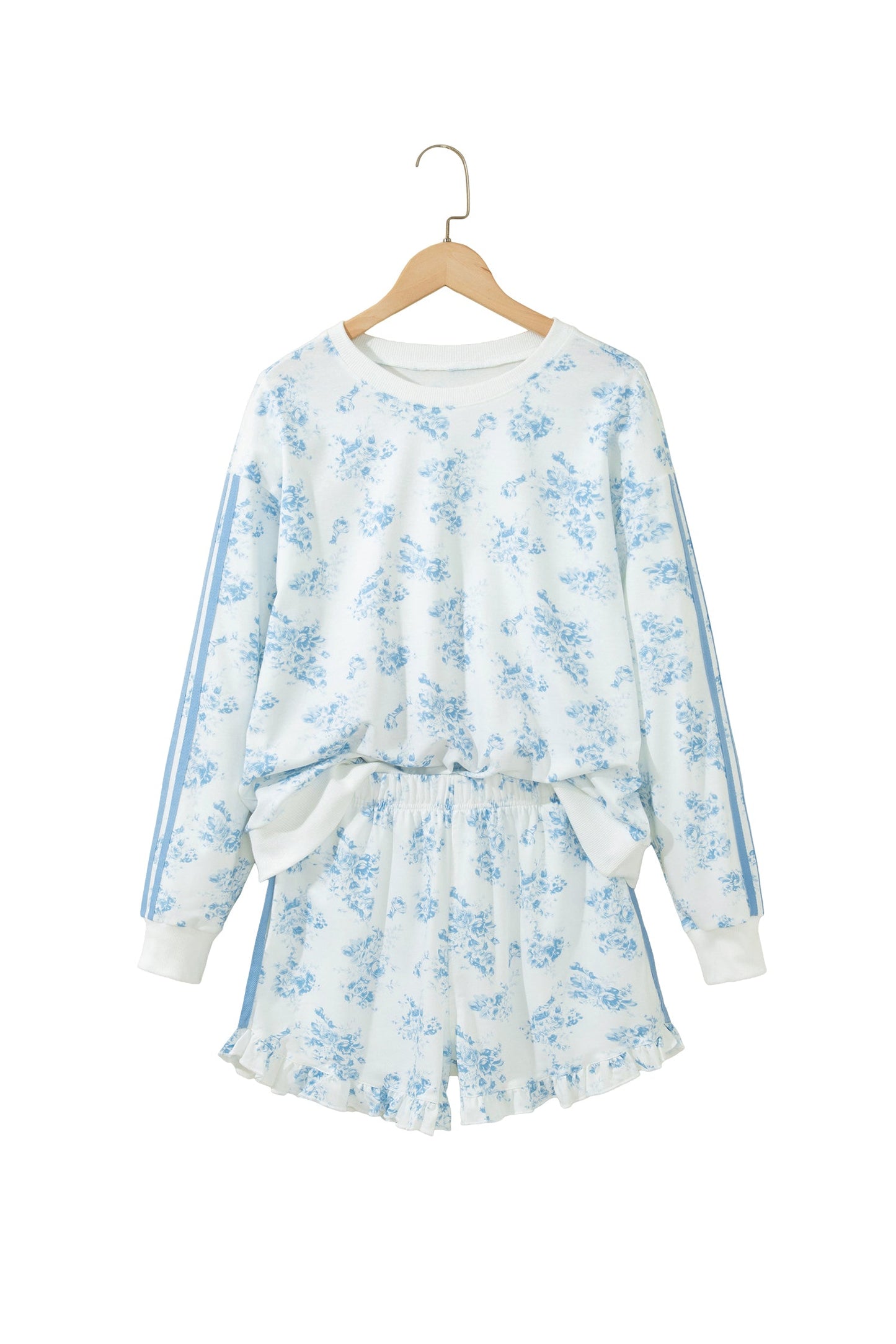 Floral Striped Side Detail Ruffle Hem Top & Shorts Set
