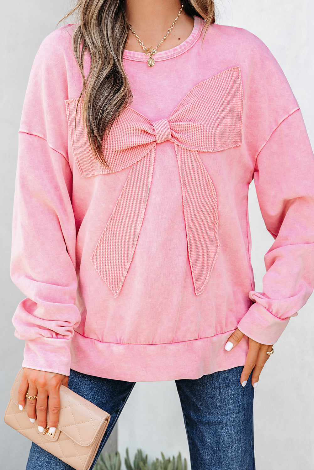 Solid Bow Patchwork Mineral Wash Sweatshirt