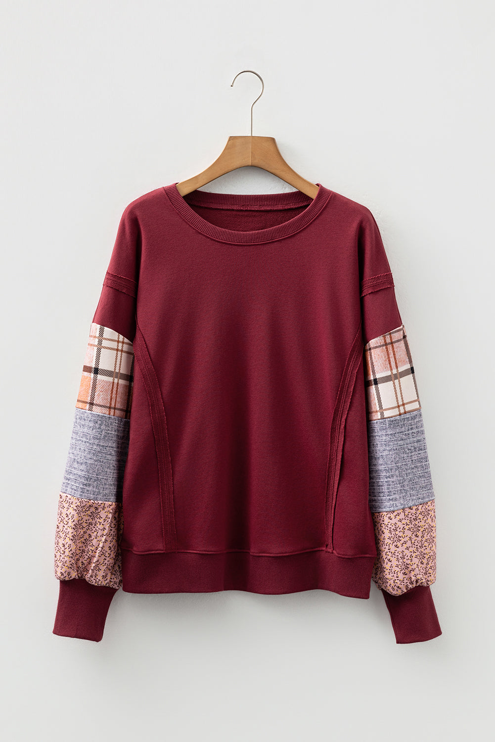 Plaid Patchwork Long Sleeve Raw Seam Sweatshirt