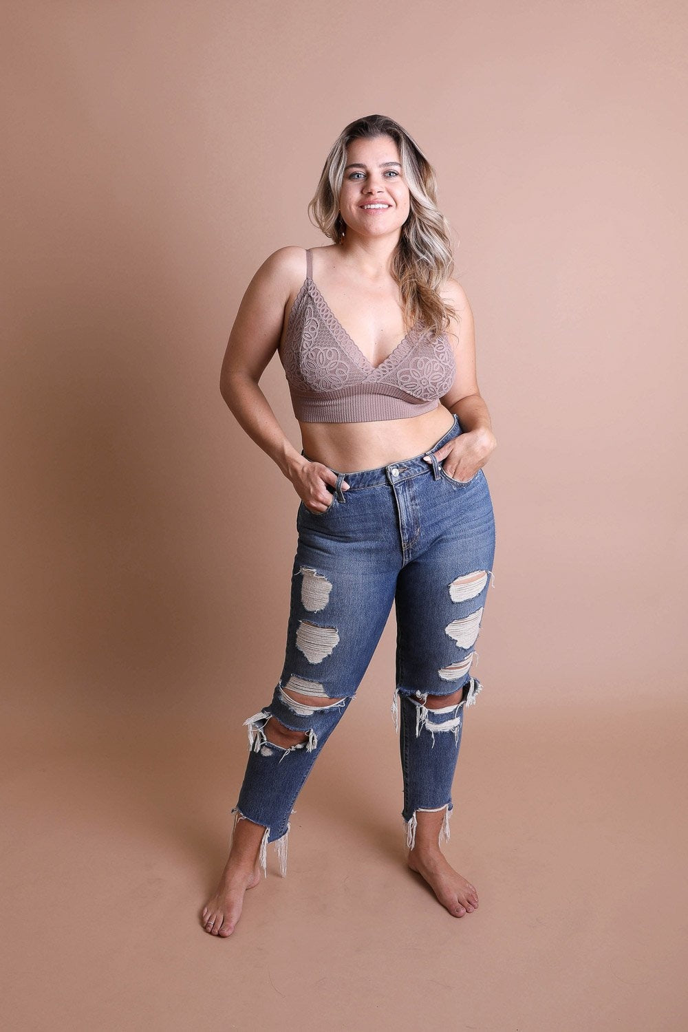 Feminine waistband lace mocha brami plus size for all-day comfort.