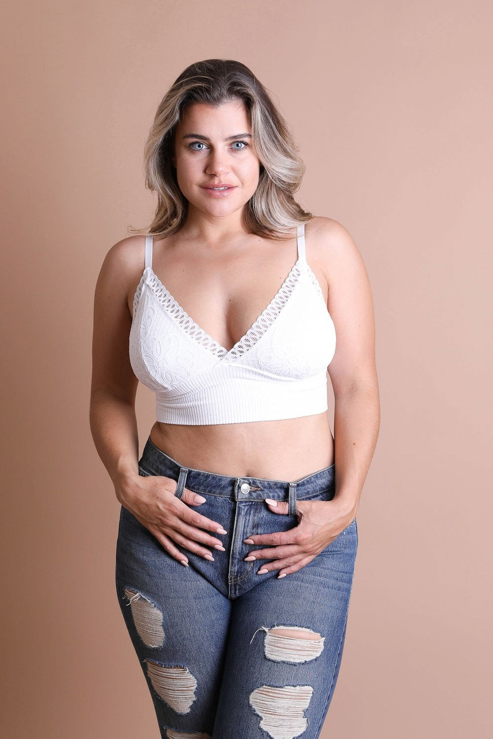 White lace brami plus size with decorative loop waistband.