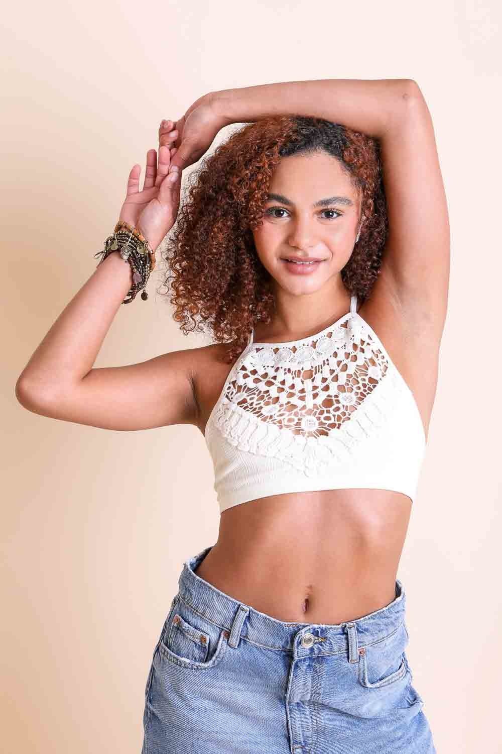 Crochet Lace High Neck Bralette – Halter Style with Cross-Back