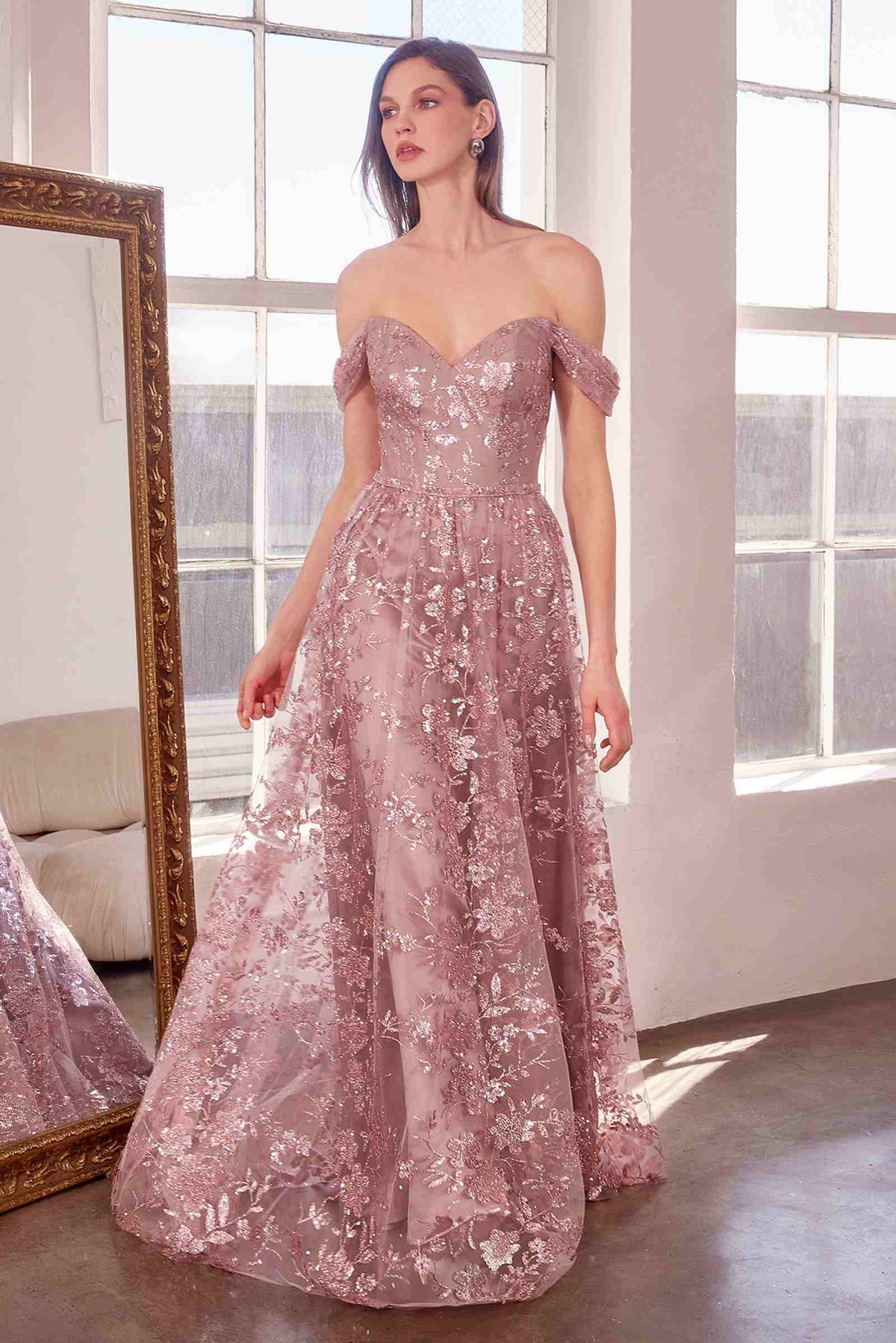 Glitter Print Off the Shoulder A-Line Prom Gown