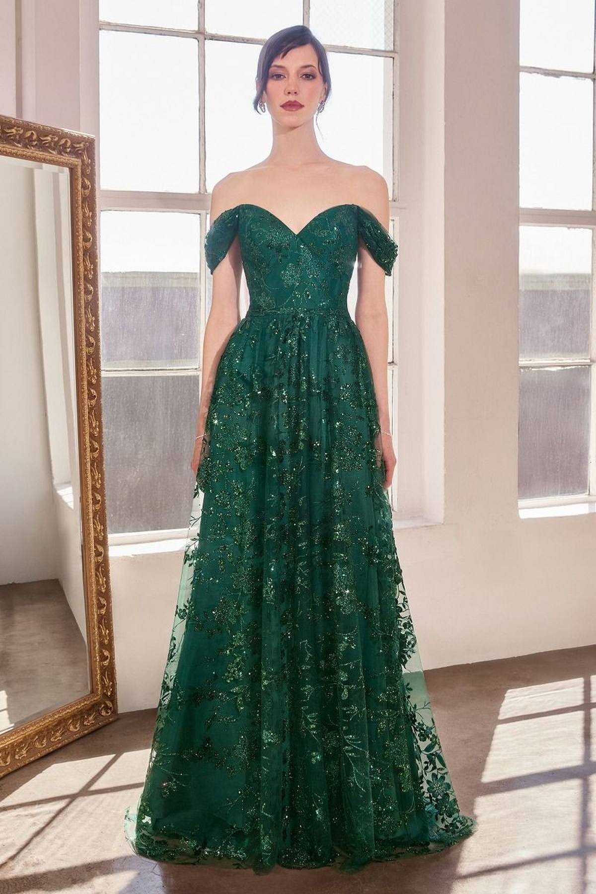 Glitter Print Off the Shoulder A-Line Prom Gown