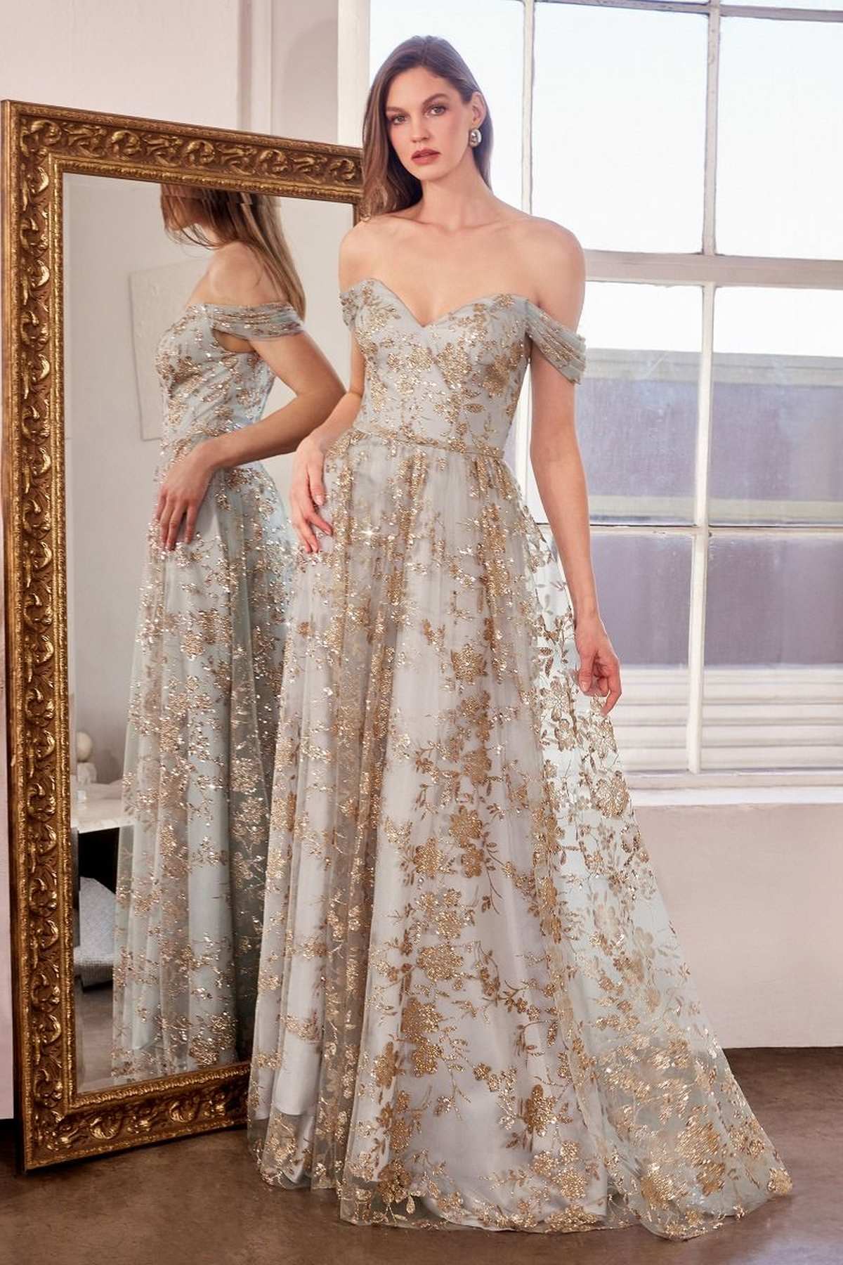 Glitter Print Off the Shoulder A-Line Prom Gown