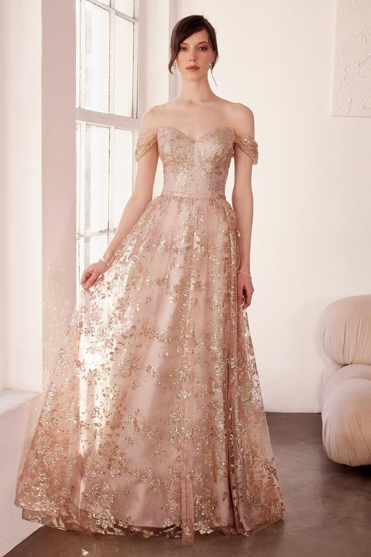 Glitter Print Off the Shoulder A-Line Prom Gown