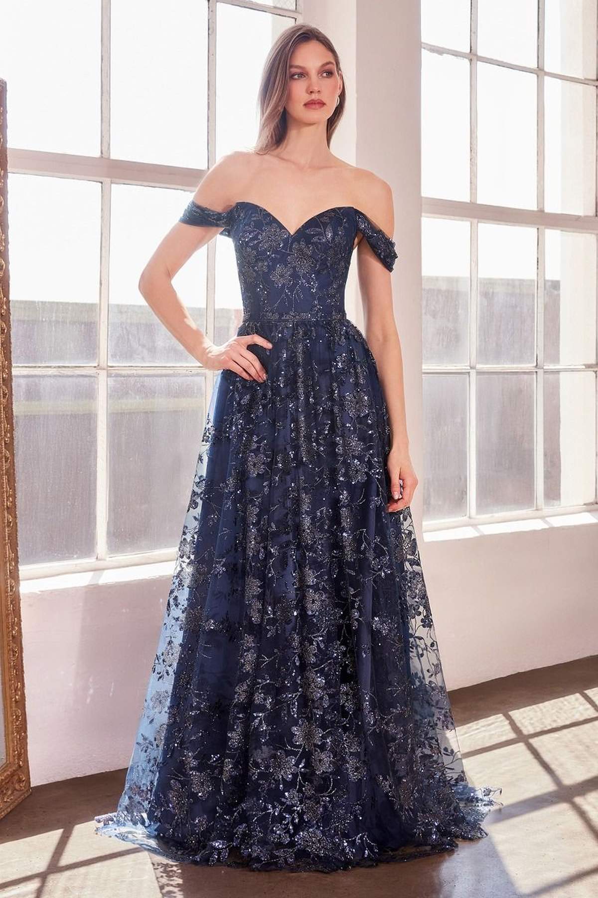 Glitter Print Off the Shoulder A-Line Prom Gown