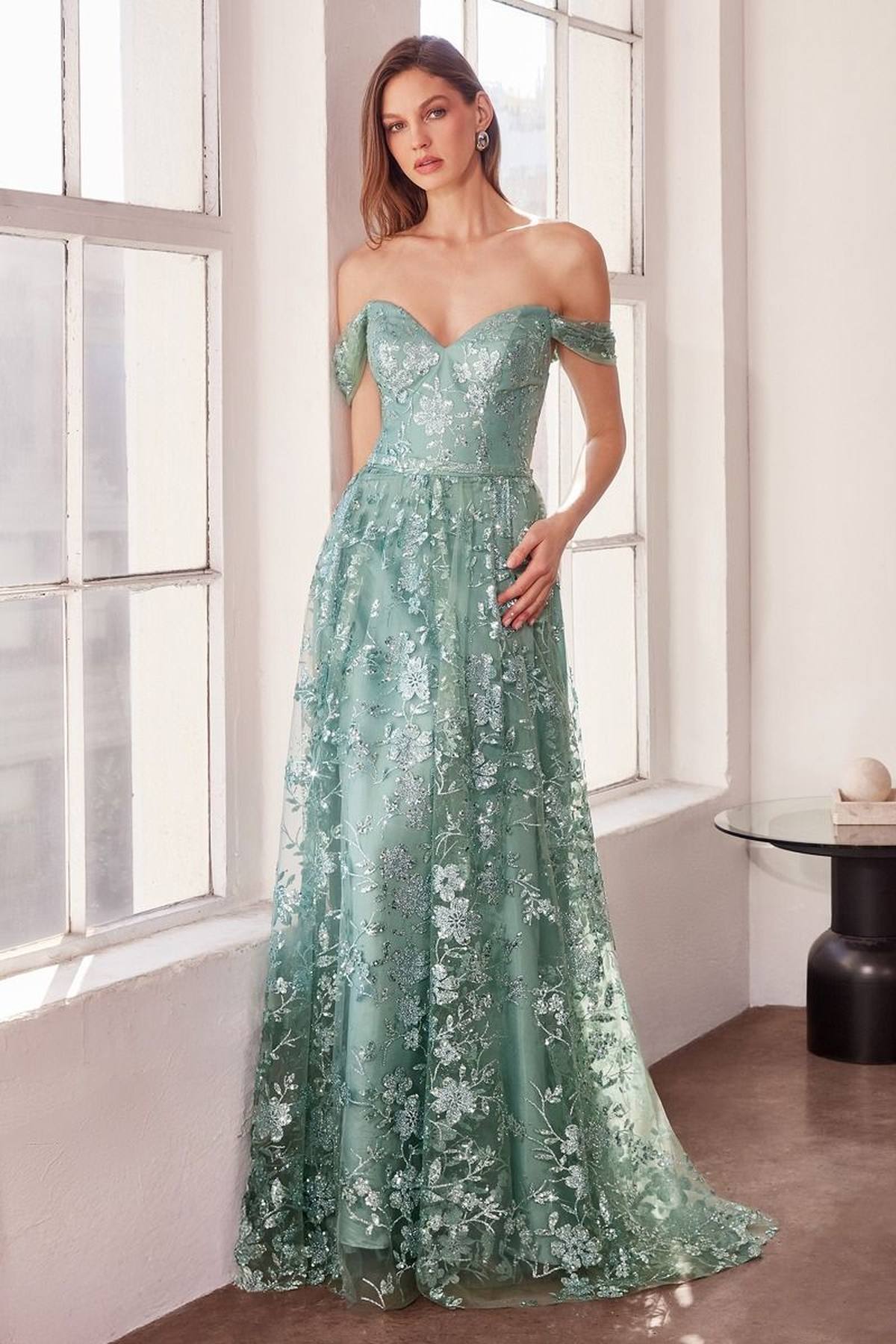 Glitter Print Off the Shoulder A-Line Prom Gown