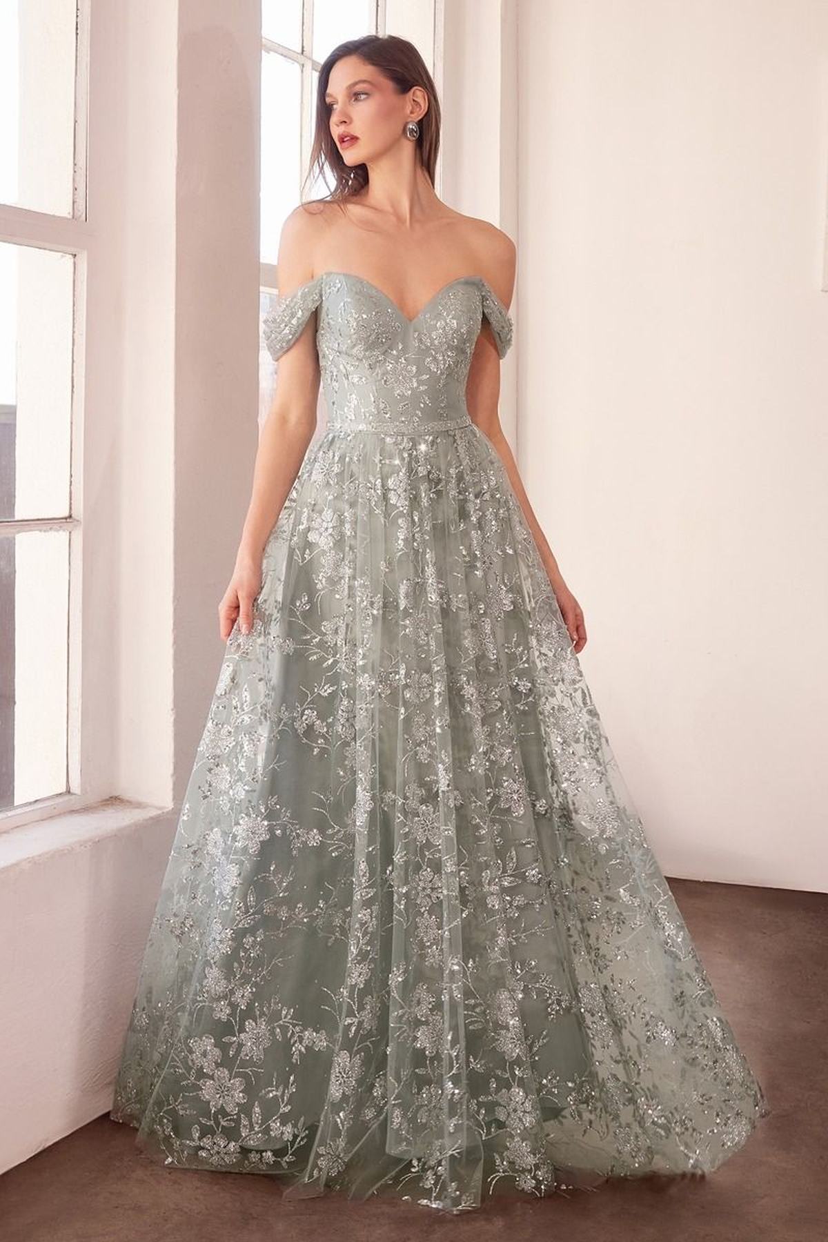 Glitter Print Off the Shoulder A-Line Prom Gown
