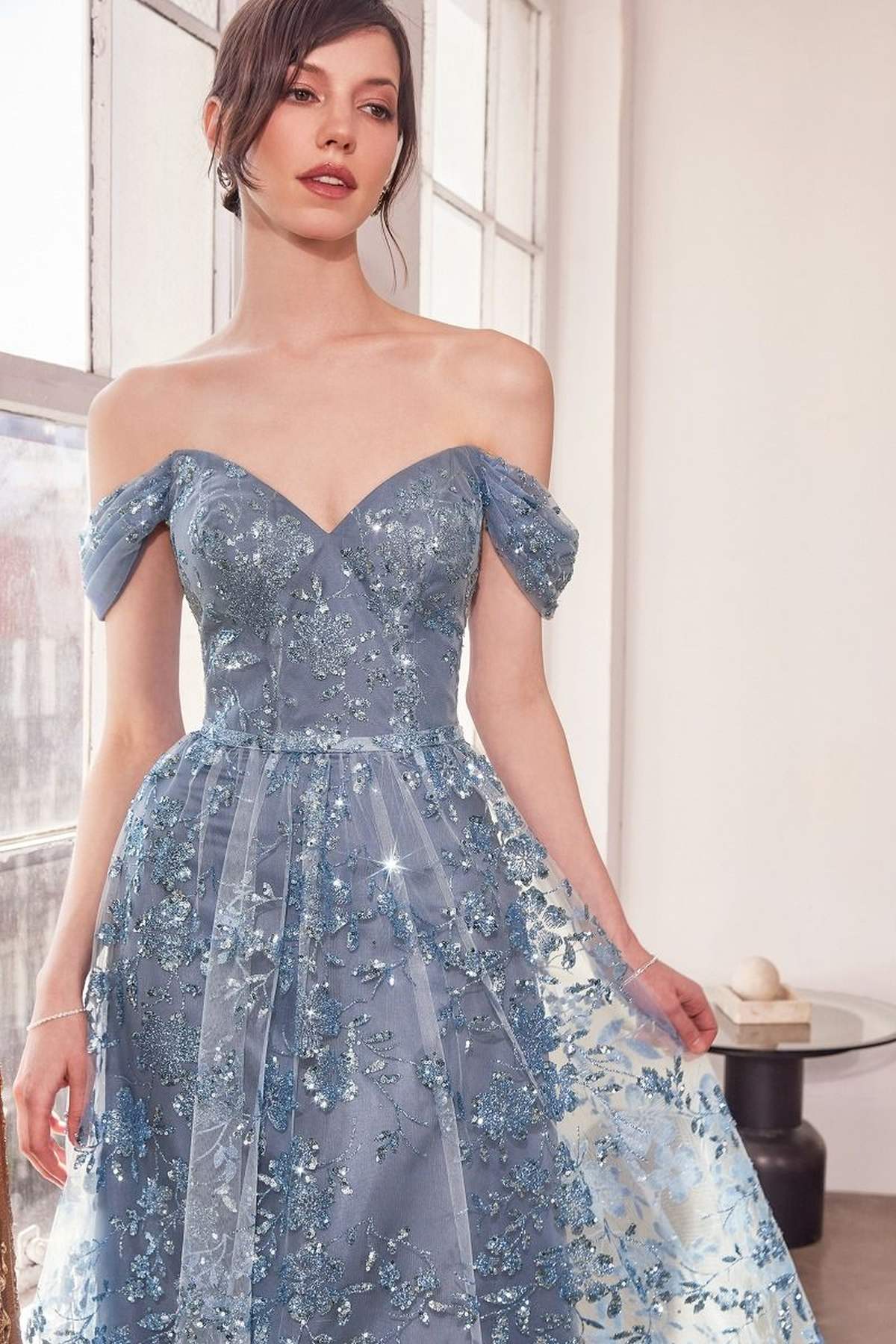 Glitter Print Off the Shoulder A-Line Prom Gown