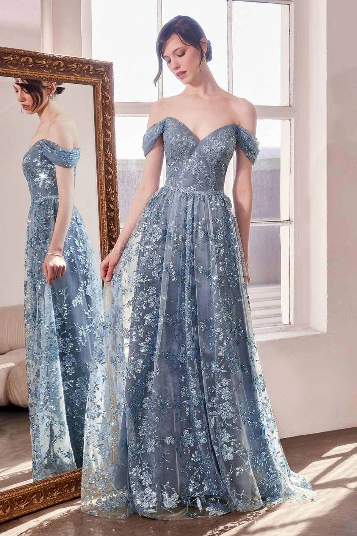 Glitter Print Off the Shoulder A-Line Prom Gown