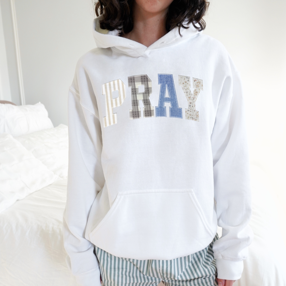 PRAY Patchwork Hoodie – Faith-Inspired Cozy Sweatshirt
